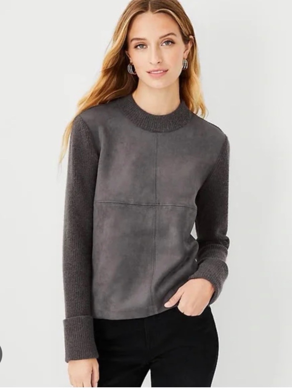 Ann Taylor Charcoal Gray Faux Suede Front Crewneck Sweater